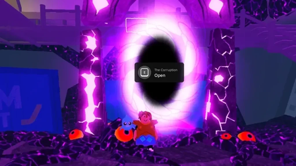 Purple Corruption Portal on the Cargo Ship with the in-game open prompt