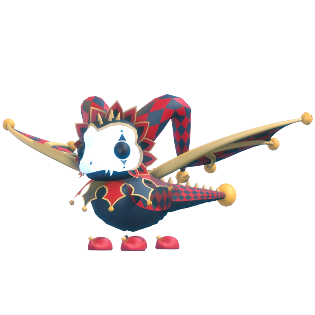 Official render of the Adopt Me Jester Dragon in its red-and-black jester costume