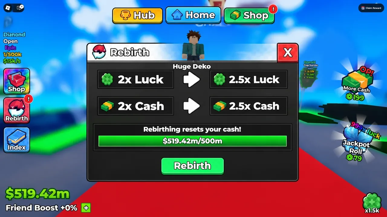 Anime Dice Rebirth panel showing a $500M Cash requirement, 2x to 2.5x Luck and Cash multipliers, and the green Rebirth button