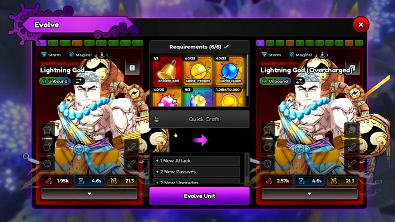 Anime Expeditions Evolve panel showing Lightning God becoming Lightning God Overcharged