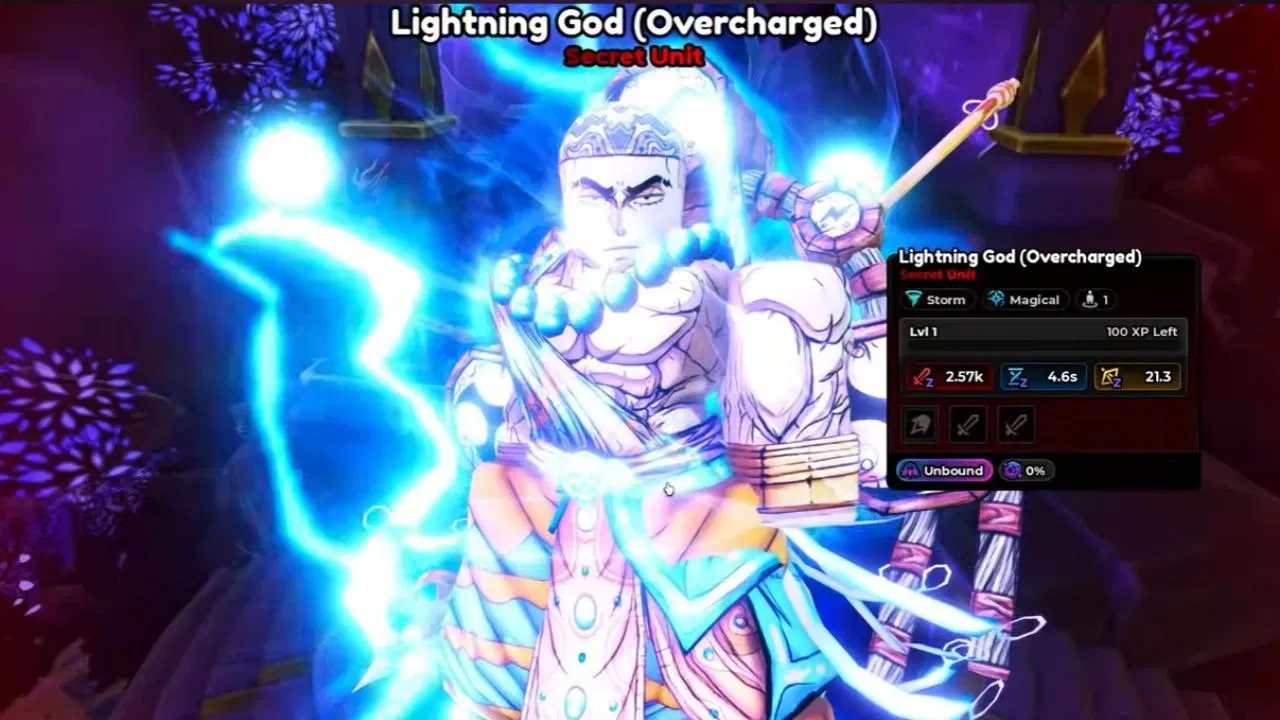 Lightning God Overcharged Secret unit panel with a blue lightning effect