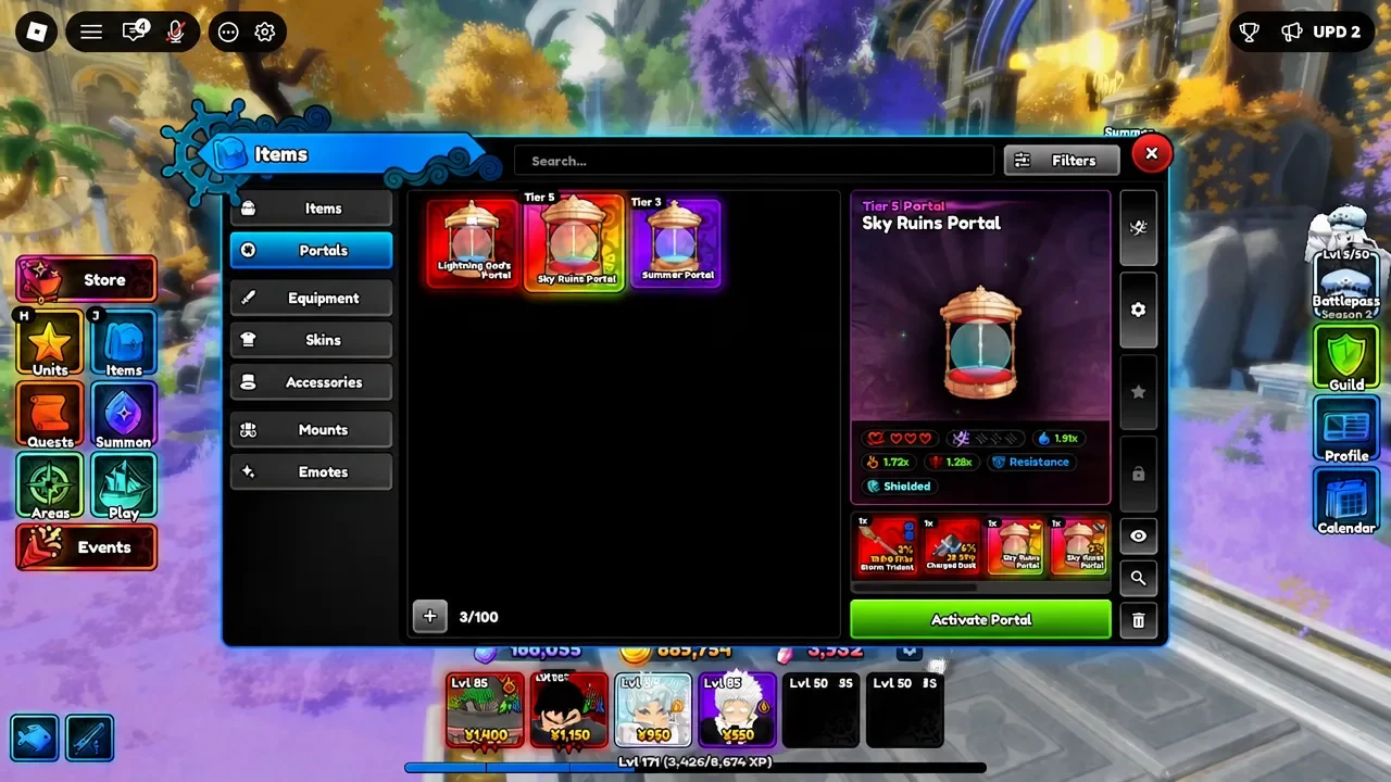 Items menu showing the Tier 5 Sky Ruins Portal selected in the Portals tab