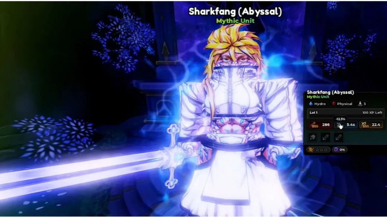 Sharkfang (Abyssal) Mythic unit card showing Hydro and Physical types