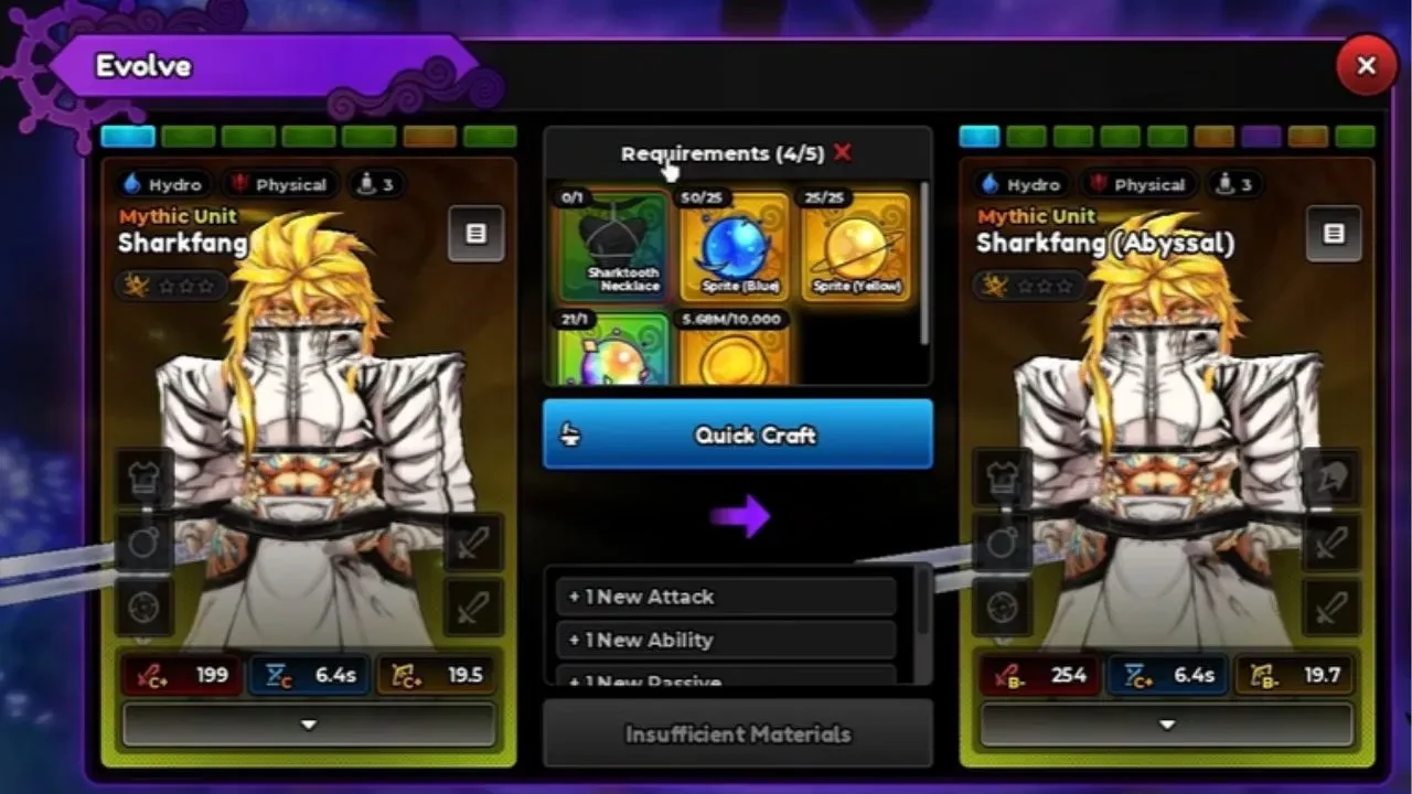 Anime Expeditions Evolve screen comparing Sharkfang and Sharkfang (Abyssal) with material slots