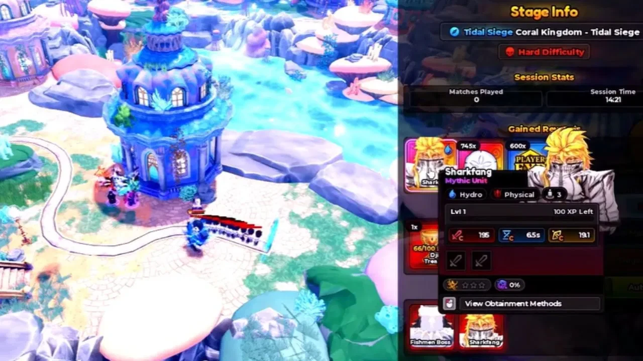 Tidal Siege stage info with a Sharkfang Mythic reward card