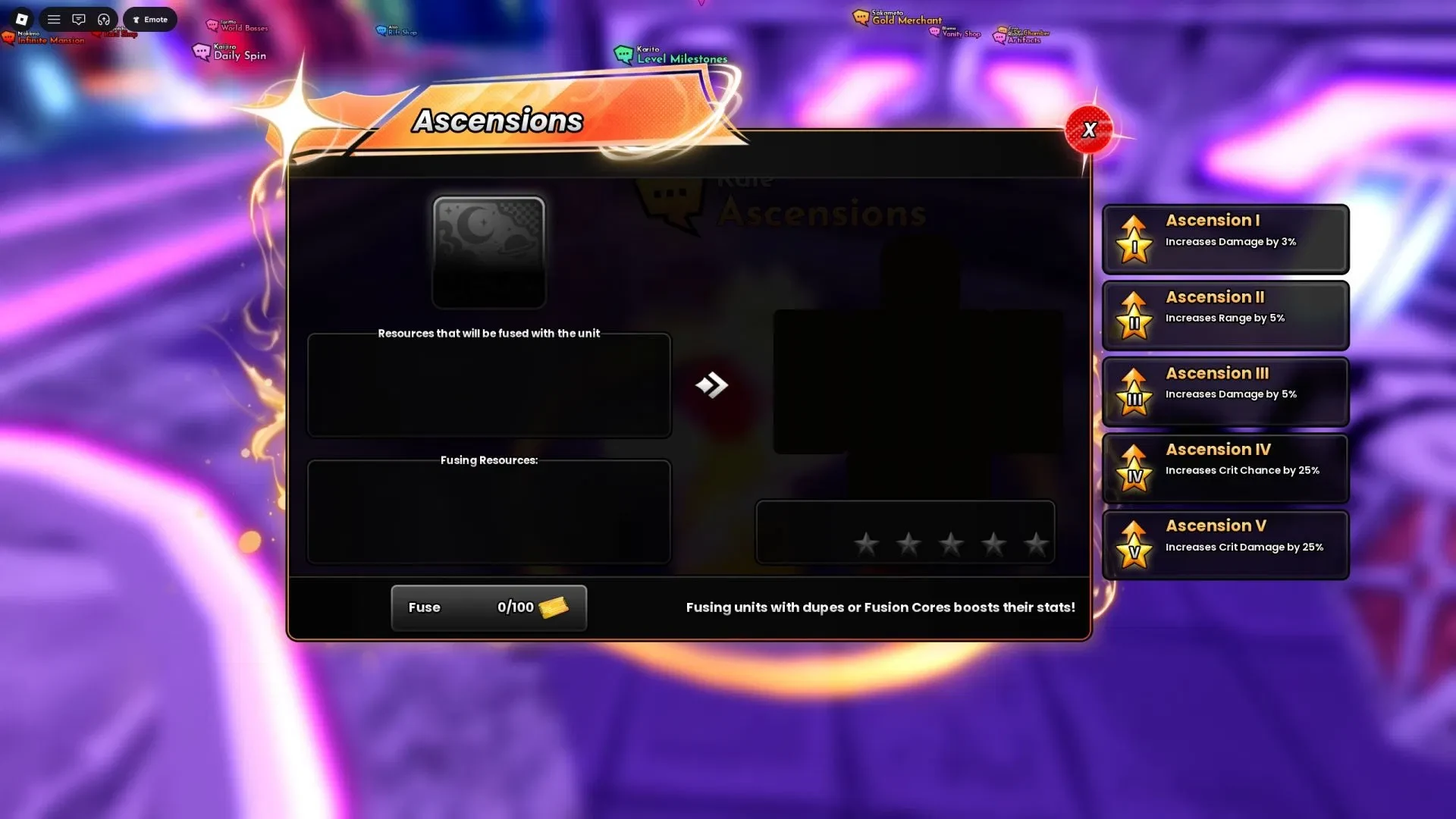 Anime Origins Ascensions menu with Fuse button and I through V bonus rail