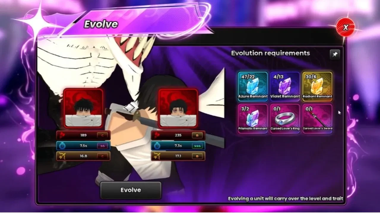 Anime Origins Evolution panel showing Pure Love remnant, ring, and sword requirements