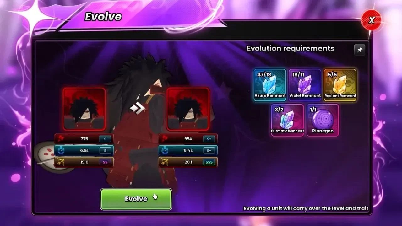 Anime Origins Evolve menu showing Azure, Violet, Radiant, and Prismatic Remnants plus Rinnegan requirements