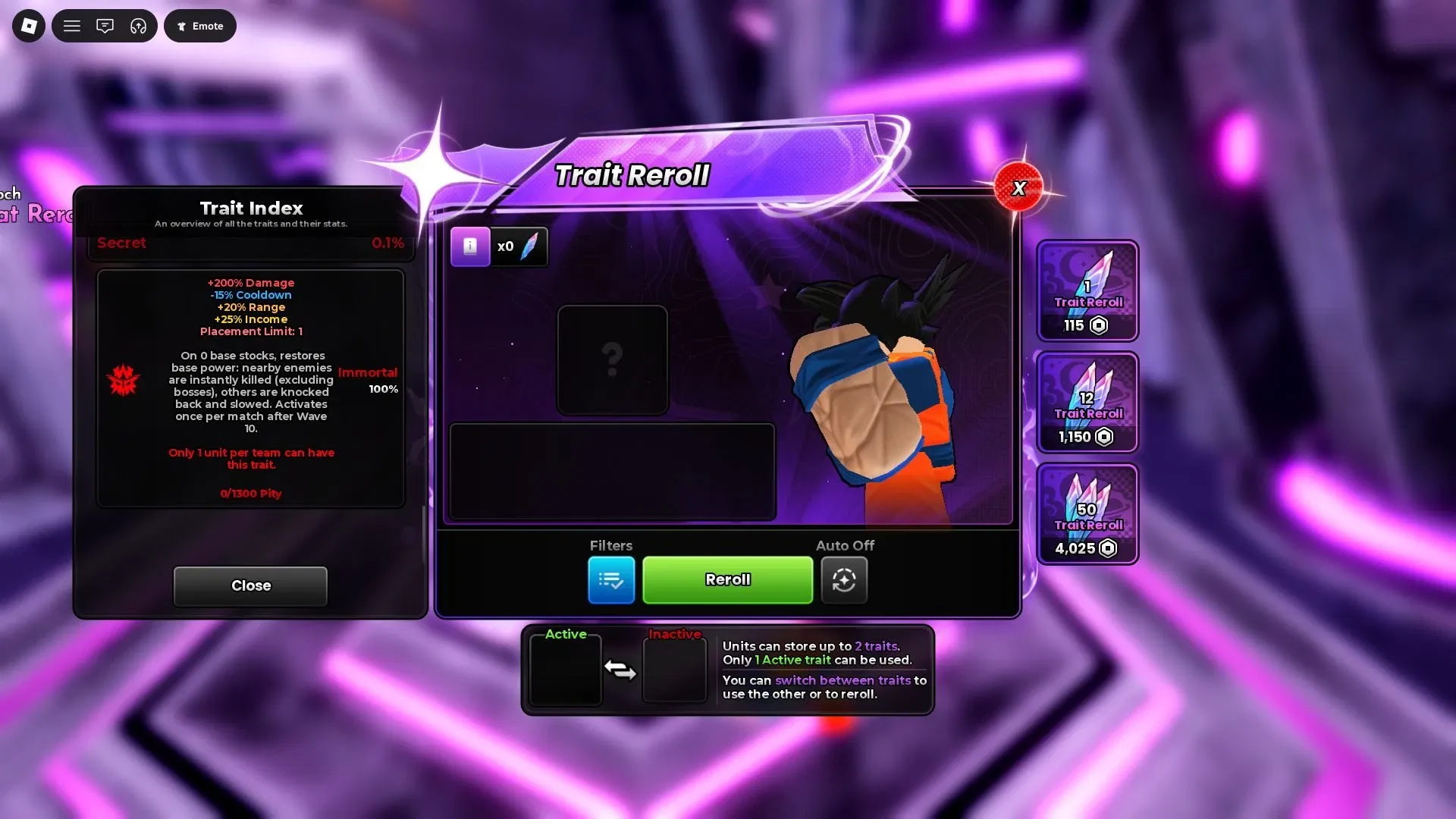 Anime Origins Trait Reroll menu with unit selected, Reroll button, and Immortal open in Trait Index