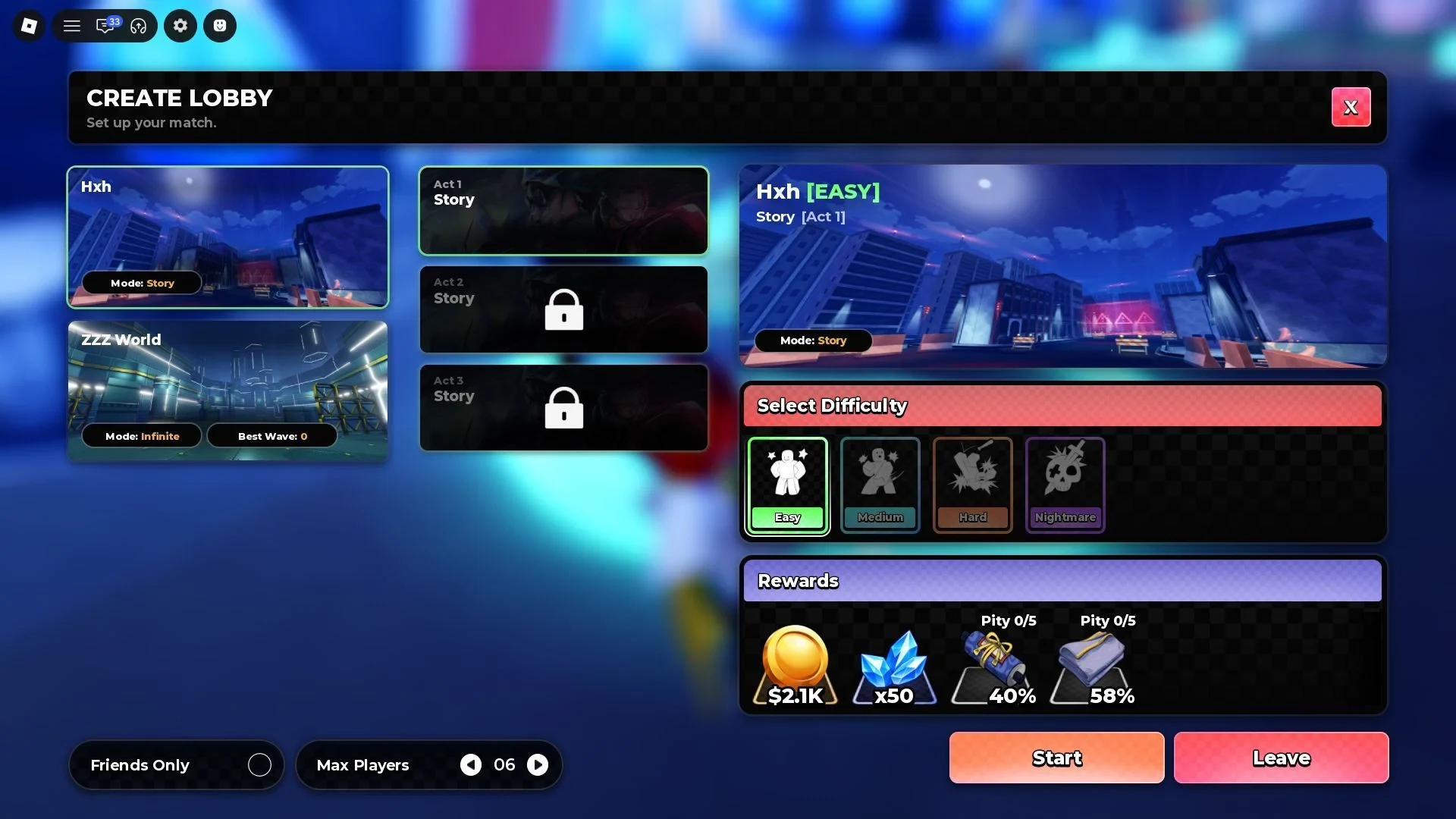 Anime Zero Create Lobby screen with Story selected and four difficulty options