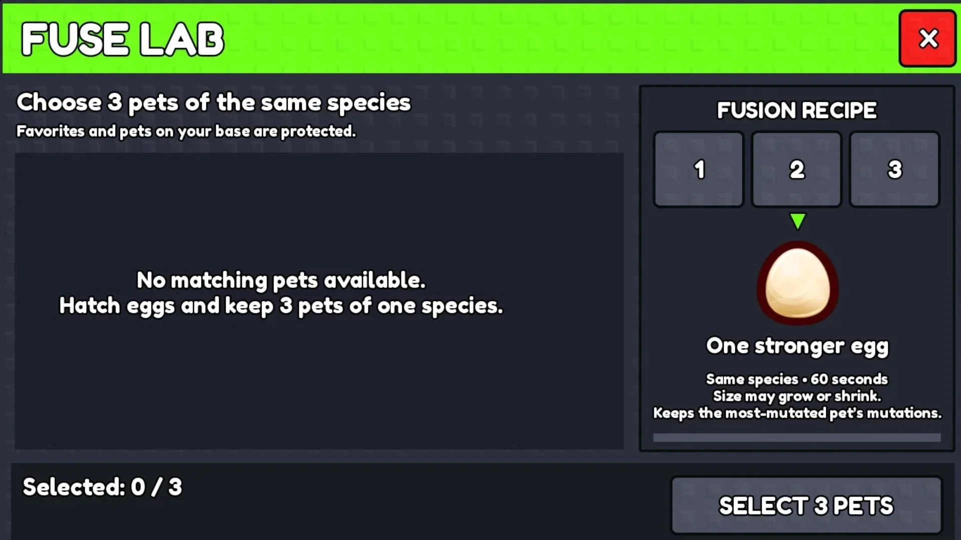 The Fuse Lab menu showing its three-pet selector and egg recipe