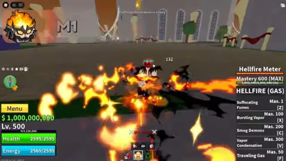 Official Blox Fruits showcase gameplay frame showing the Hellfire Meter, HELLFIRE (GAS), and move mastery requirements.