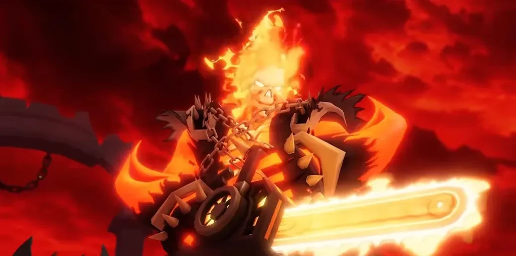 Hellfire Gas transformed into a fire-covered, chained fighter wielding a flaming chainsaw.