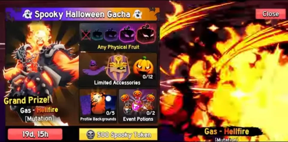 Official Blox Fruits showcase frame of the Spooky Halloween Gacha, with Gas – Hellfire as the grand prize and a 500 Spooky Token button.