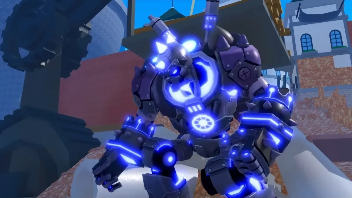 Maximum Overdrive mech towering over enemies in the Blox Fruits Update 30 reveal