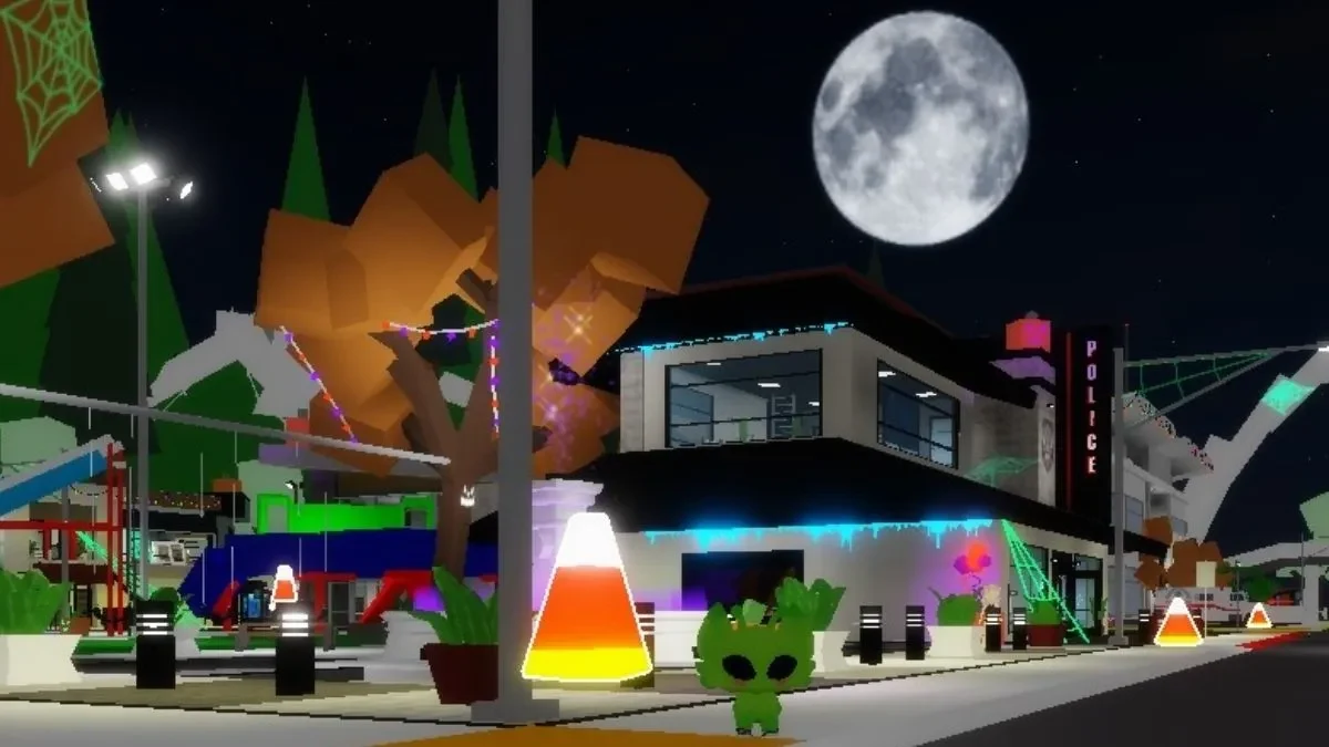 Halloween-decorated Brookhaven street near the Police Station with glowing Candy Corn pieces visible around town.