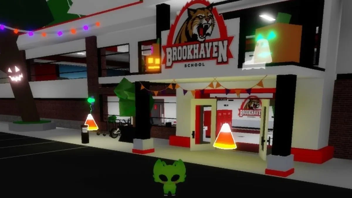 Brookhaven School entrance decorated for Halloween with glowing Candy Corn pieces nearby.