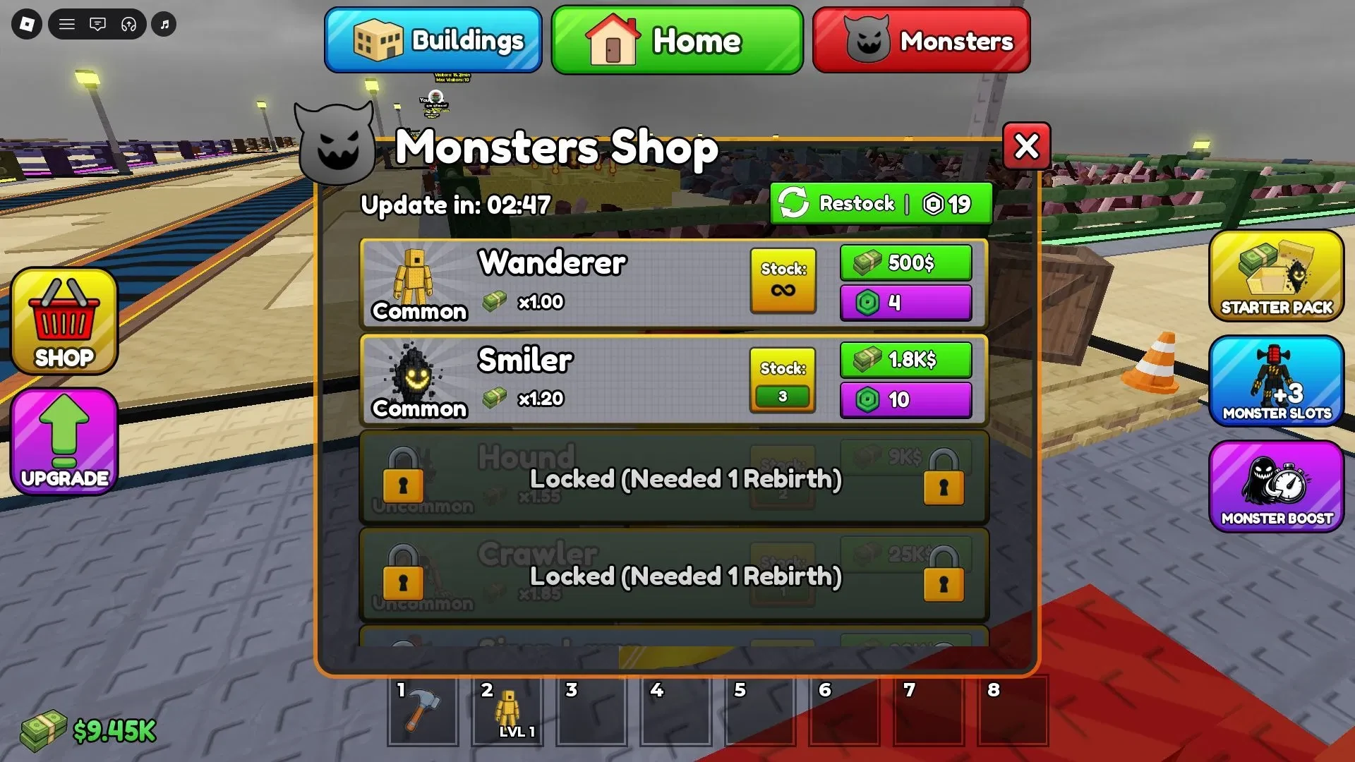 Build Your Backrooms Monsters Shop listing Wanderer and Smiler for cash with Hound and Crawler locked until Rebirth 1
