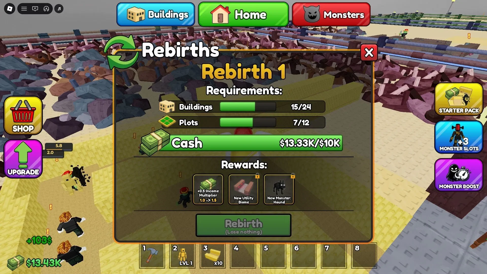 Build Your Backrooms Rebirths menu showing Buildings, Plots, and Cash requirements for Rebirth 1 with Lose nothing under the Rebirth button