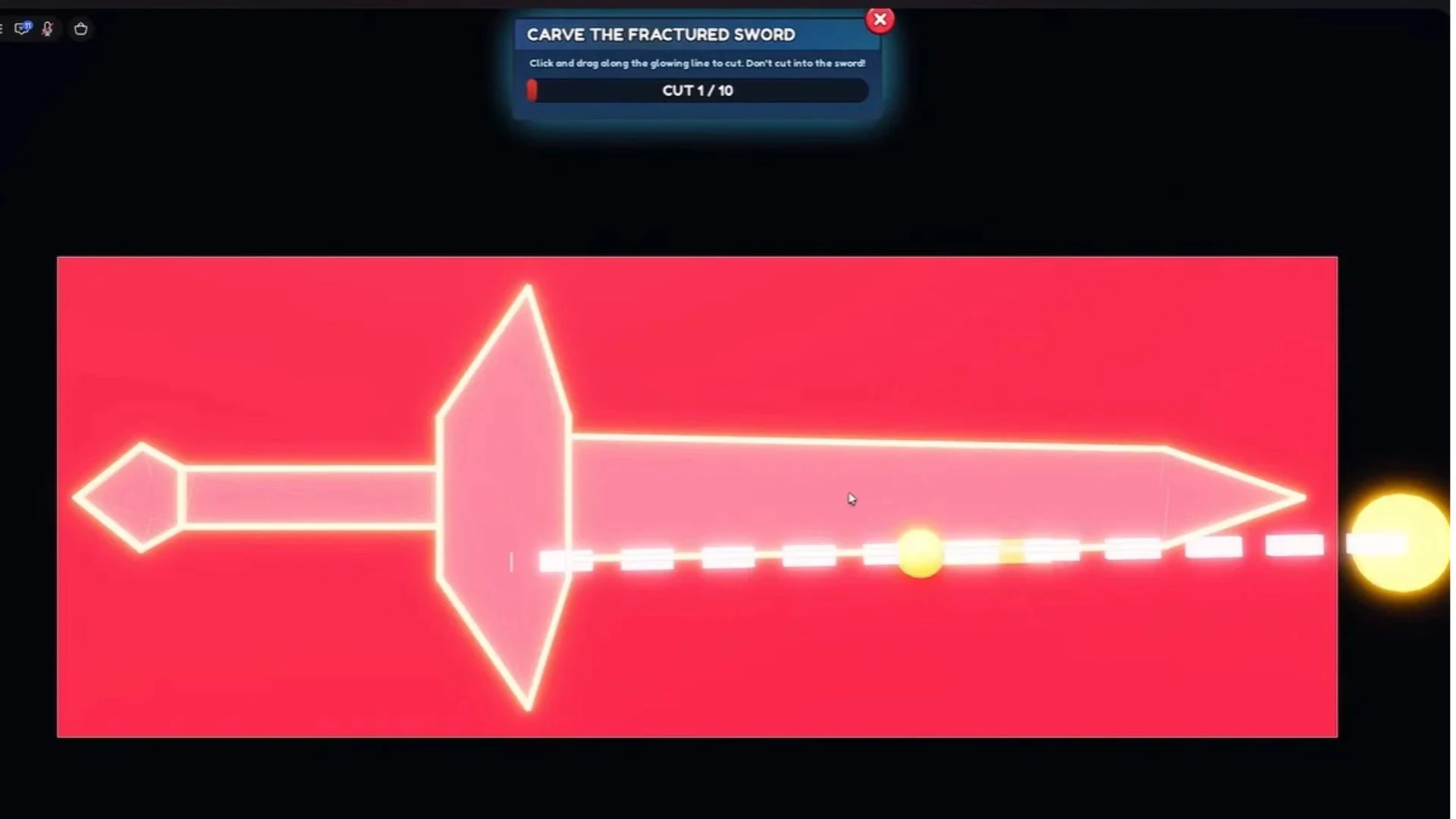 Fractured Sword carving minigame with the glowing cut guide and instruction not to cut into the sword.