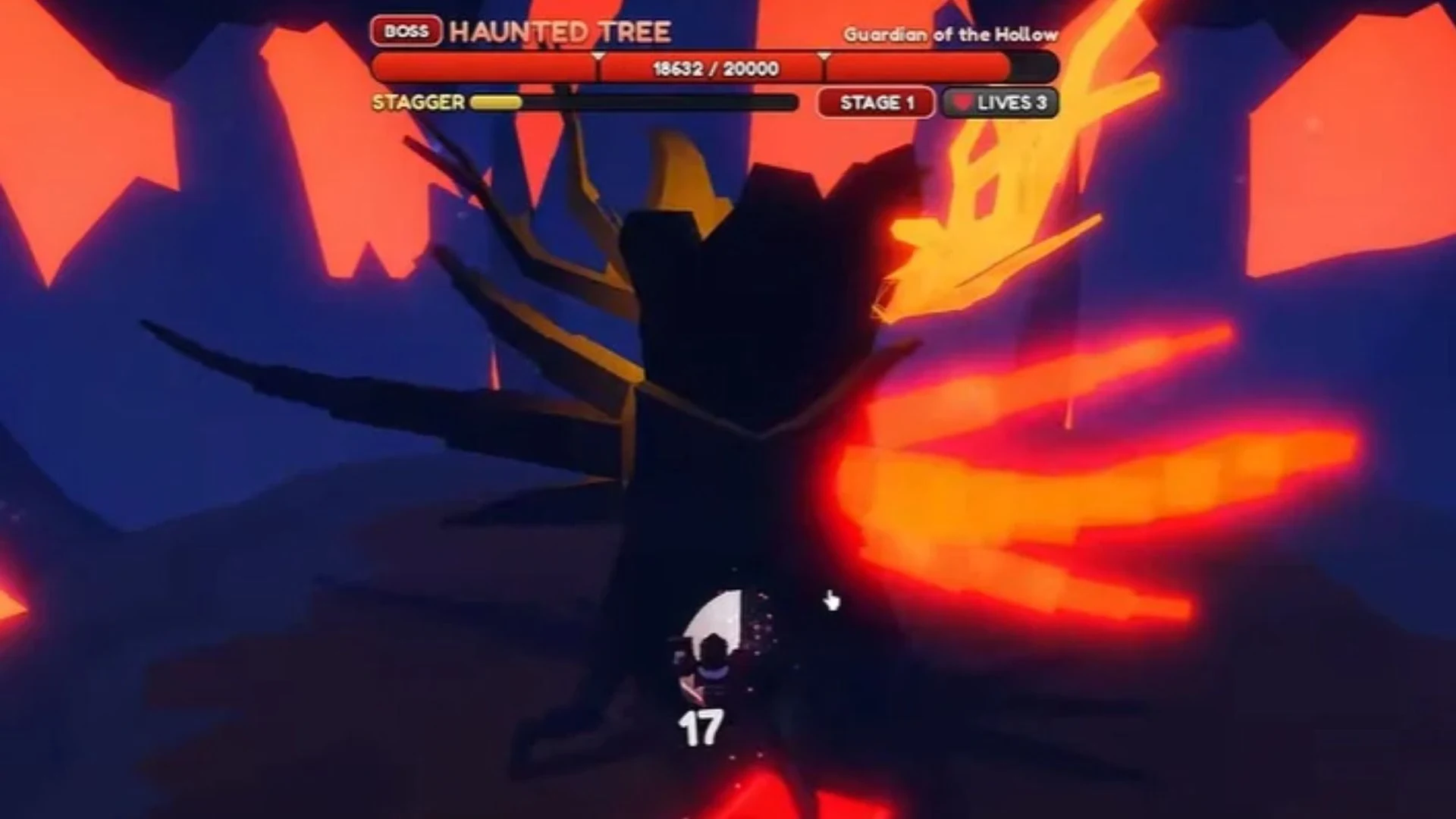 Haunted Tree boss fight in The Hollow with 19,632 of 20,000 health, Stage 1, and three lives displayed.