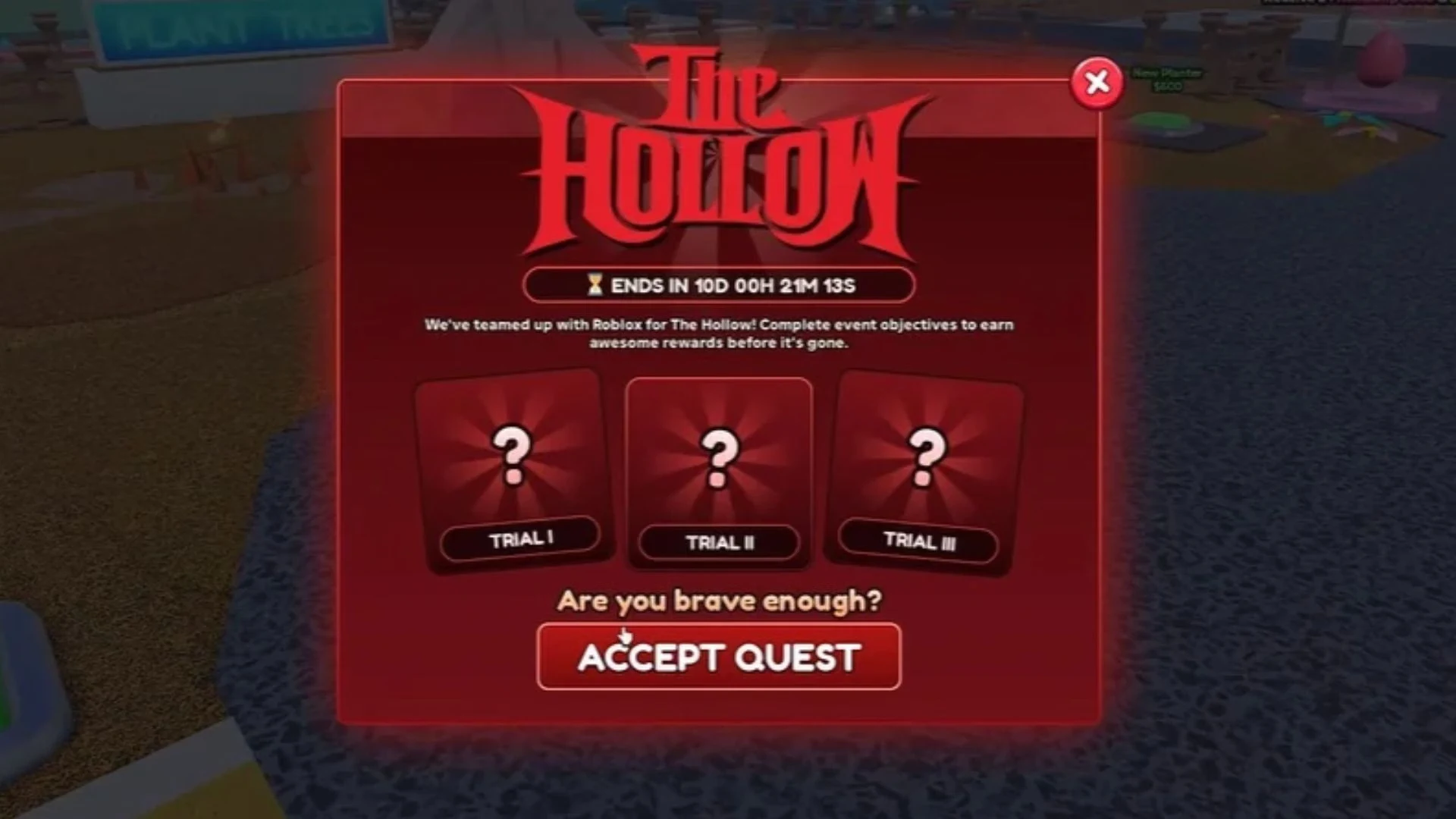 The Hollow quest menu in Carve Wood, showing three Trials and an Accept Quest button.