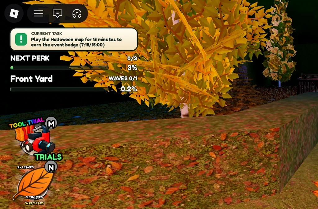 Clean all the leaves! Halloween map HUD showing the 15-minute event badge task at 7:18 of 15:00