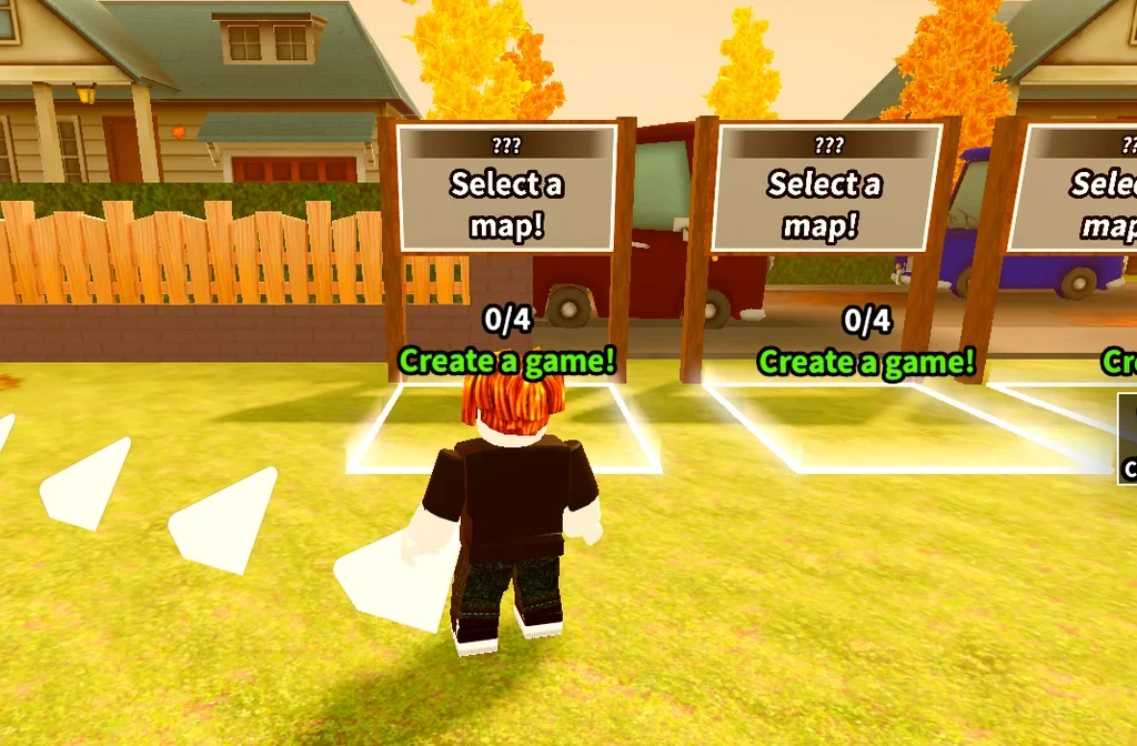 Clean all the leaves! lobby with the avatar facing a Select a map! and Create a game! portal