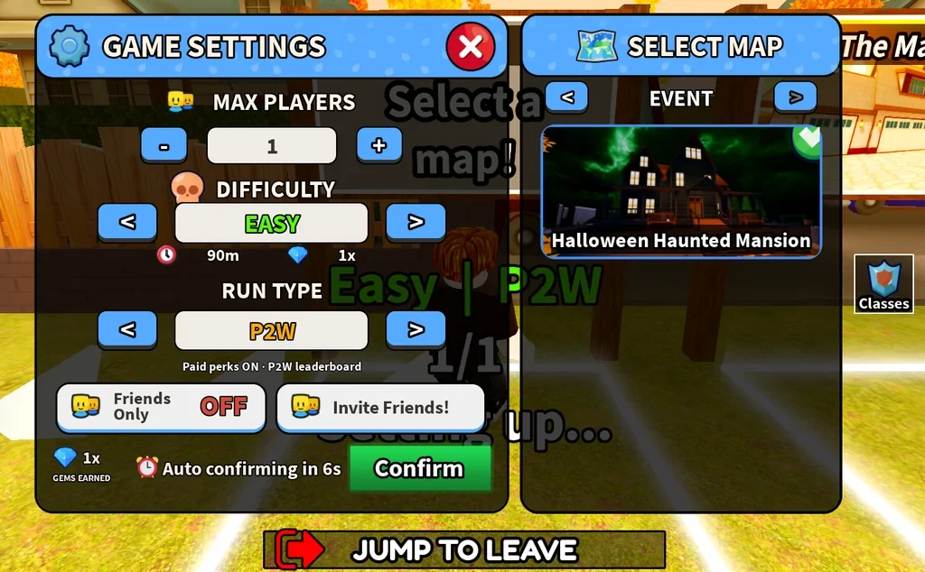Clean all the leaves! match setup with Halloween Haunted Mansion selected and Max Players set to 1