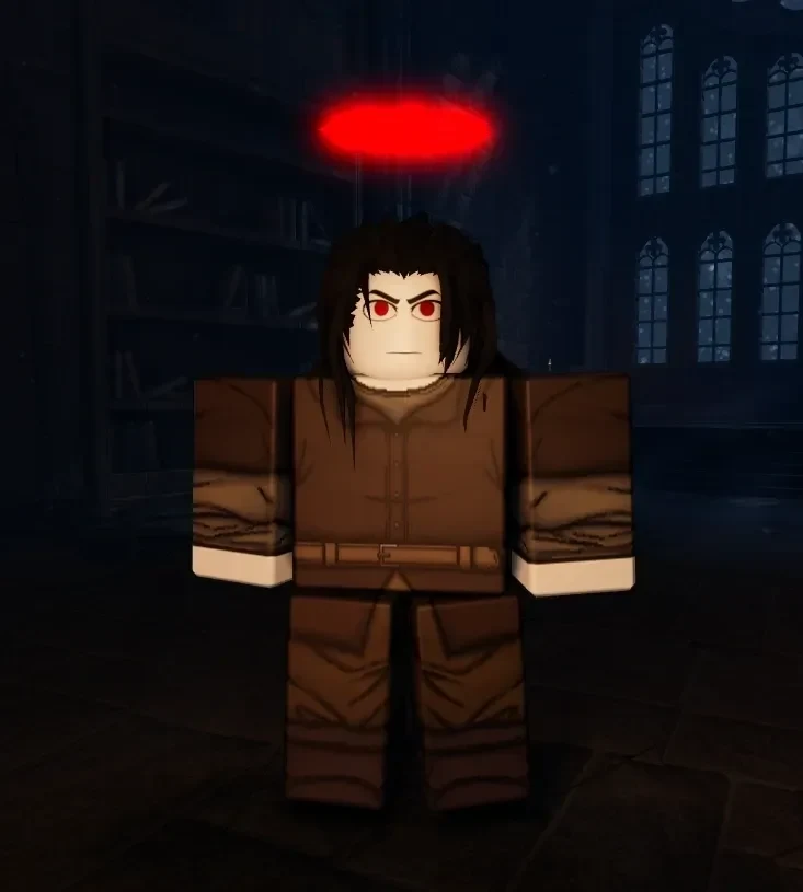 A Clover RPG avatar with a red halo and red glowing eyes stands in a dim, book-lined room.