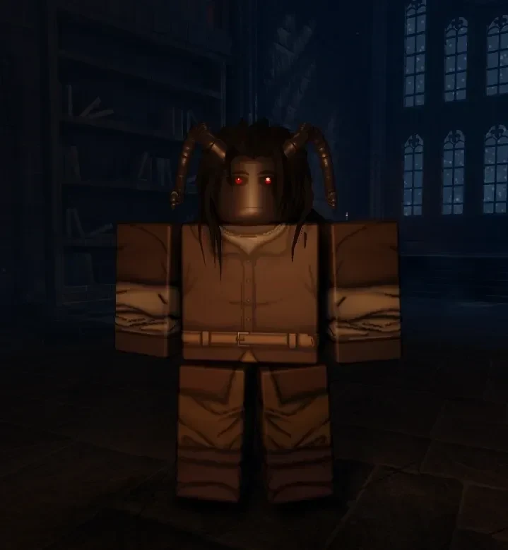 A horned Clover RPG avatar with red glowing eyes stands in a dim, book-lined room.
