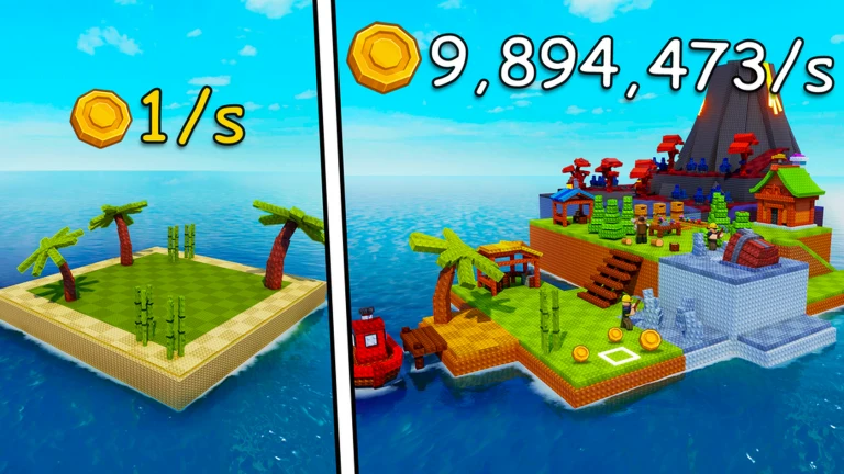 An expanded island with crop plots and structures in Build An Island!