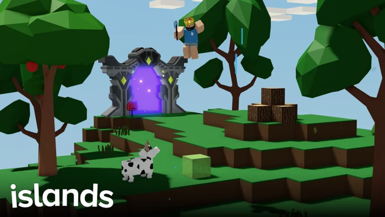 A playable island with trees, crops, and a cow in Islands
