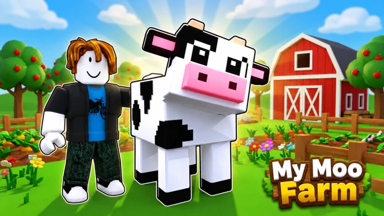 A cow beside crops and a barn in My Moo Farm