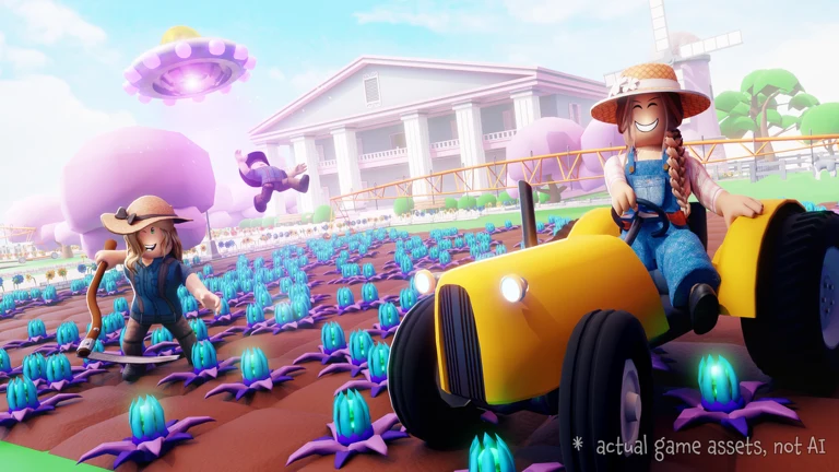 A tractor working beside planted fields in Welcome to Farmtown!