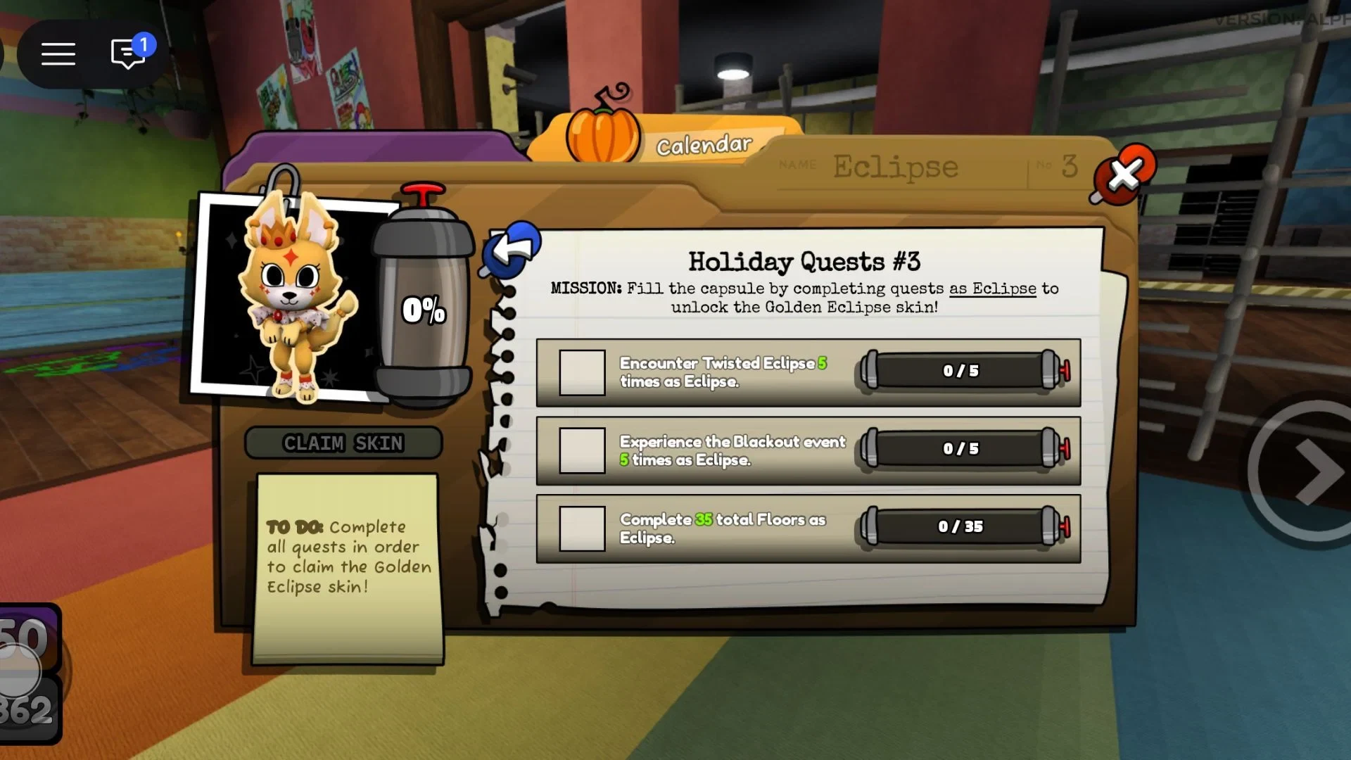 Dandy's World Calendar > Quests panel for Eclipse showing her three Holiday Quest objectives at 0/5, 0/5 and 0/35.