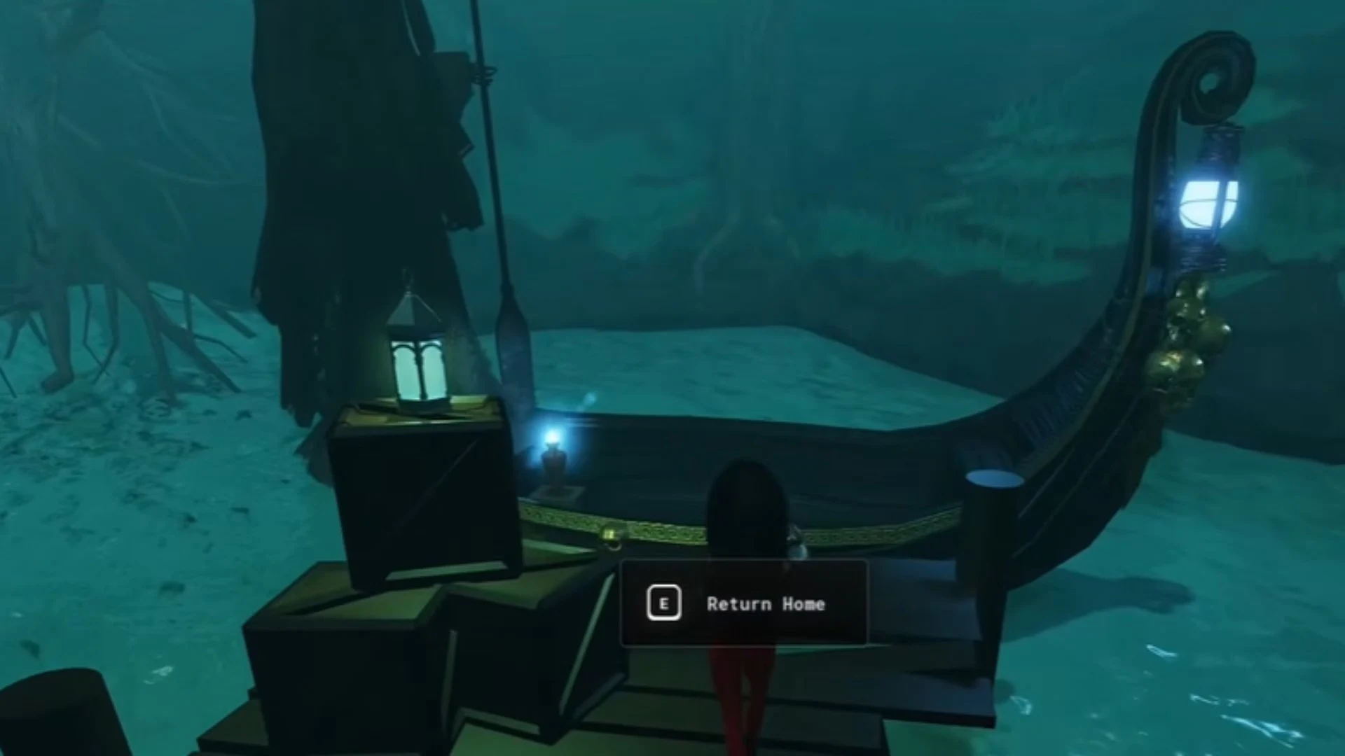 The player stands beside the Ferryman's boat with an E / Return Home interaction prompt on screen.