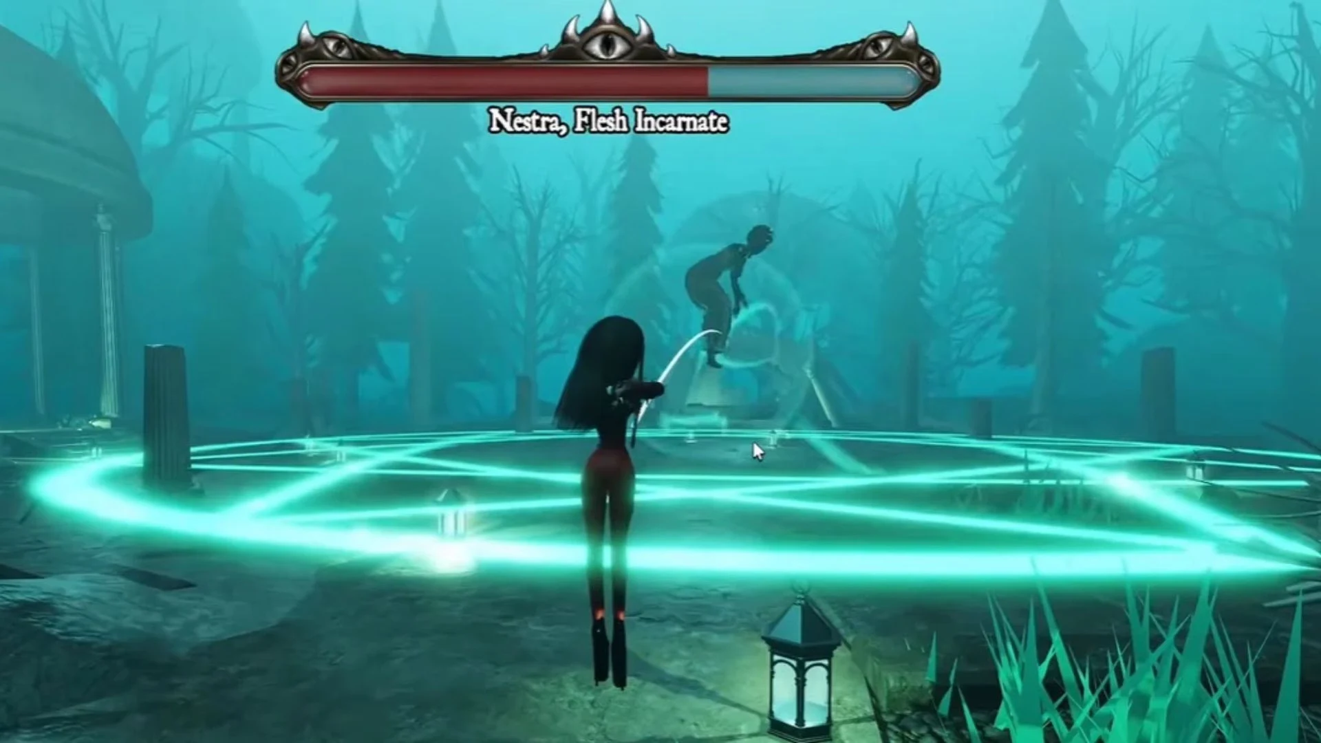 A player aims a bow at Nestra in the glowing arena; Nestra's name and health bar appear at the top.