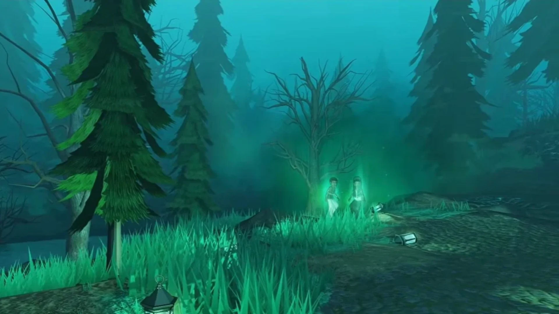 Clotho and Lachesis standing together in a green-lit forest area of Soul Field.