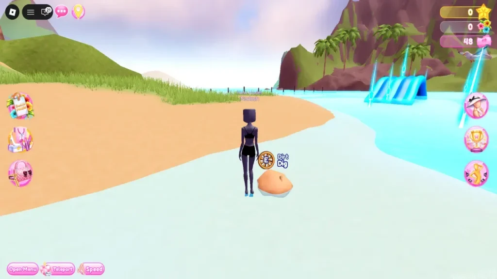 Dress to Impress Chest 1 dig prompt on the beach near the island edge