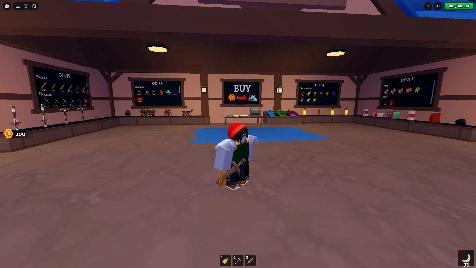 Checkpoint shop displaying swords, armor, consumables, and healing items in Drill to Earth’s Core