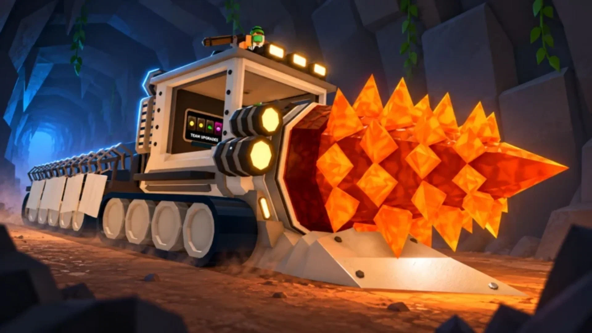 Tracked drill vehicle breaking through a glowing cave wall in Drill to Earth’s Core