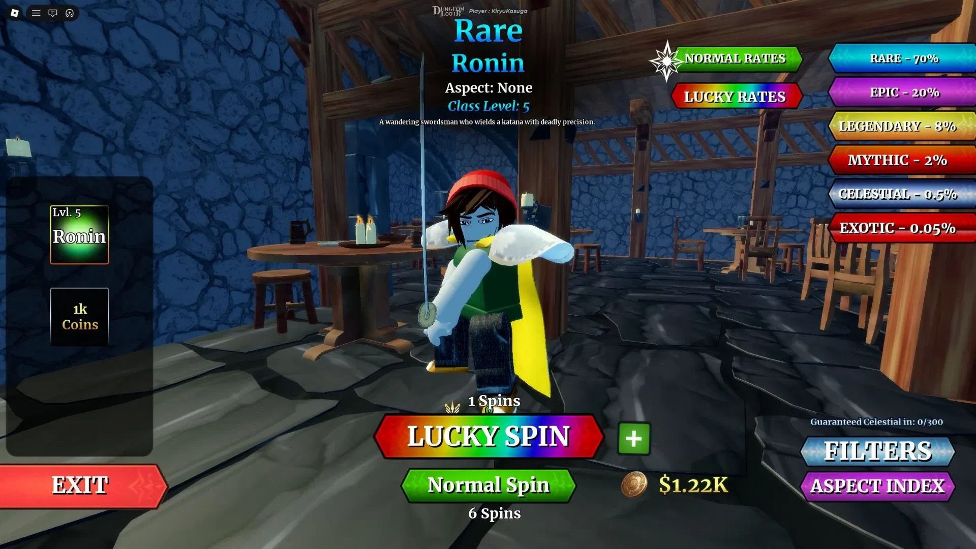 Dungeon Lootr Classes menu showing the equipped Ronin class and spin controls