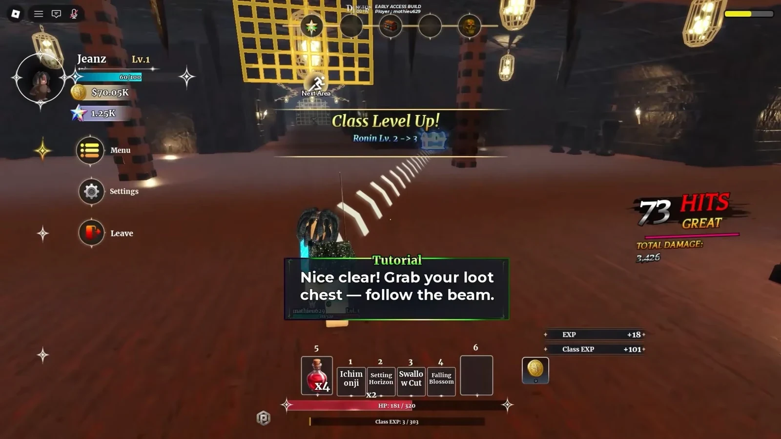 Dungeon Lootr tutorial prompt pointing the player along a glowing beam to a loot chest