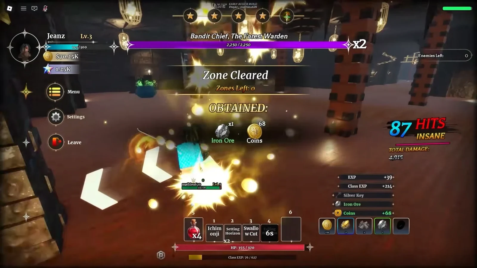 Dungeon Lootr Zone Cleared screen showing Iron Ore and Coins obtained before the boss