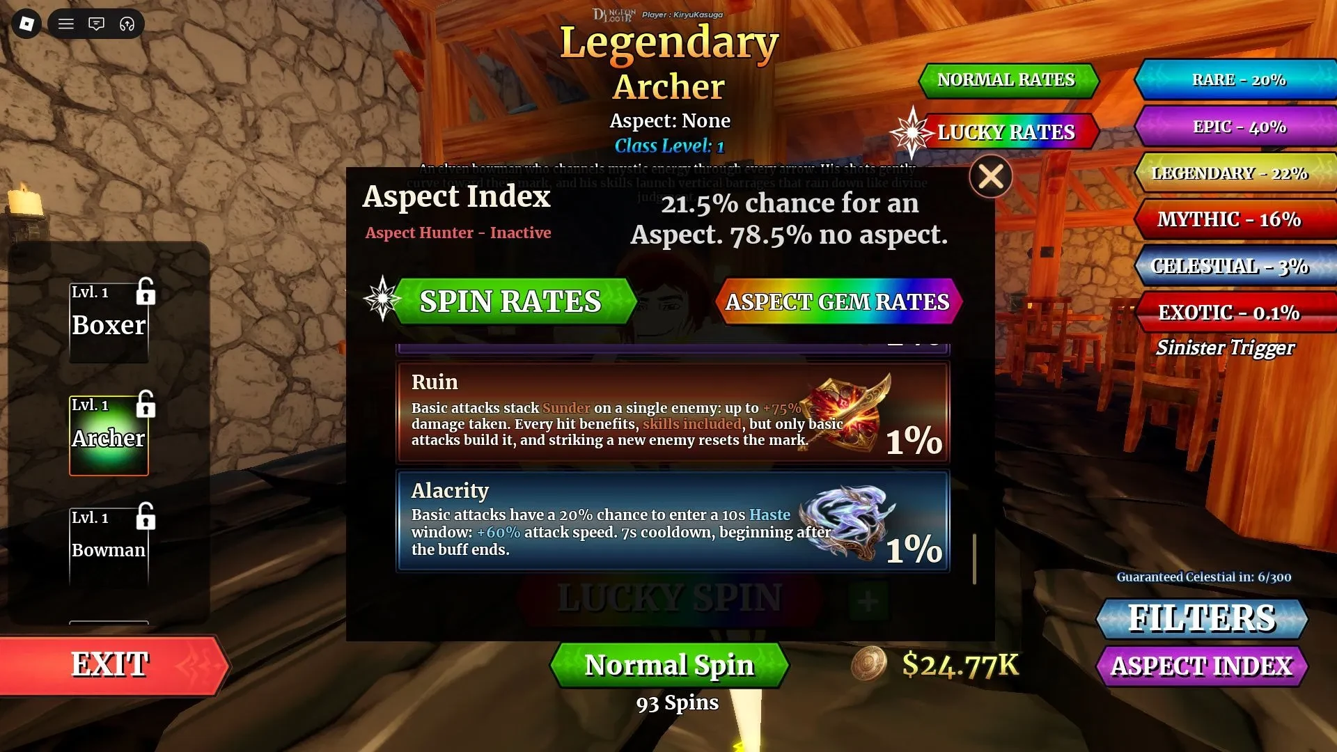 Dungeon Lootr Aspect Index showing the 21.5 percent chance and Ruin and Alacrity effect cards
