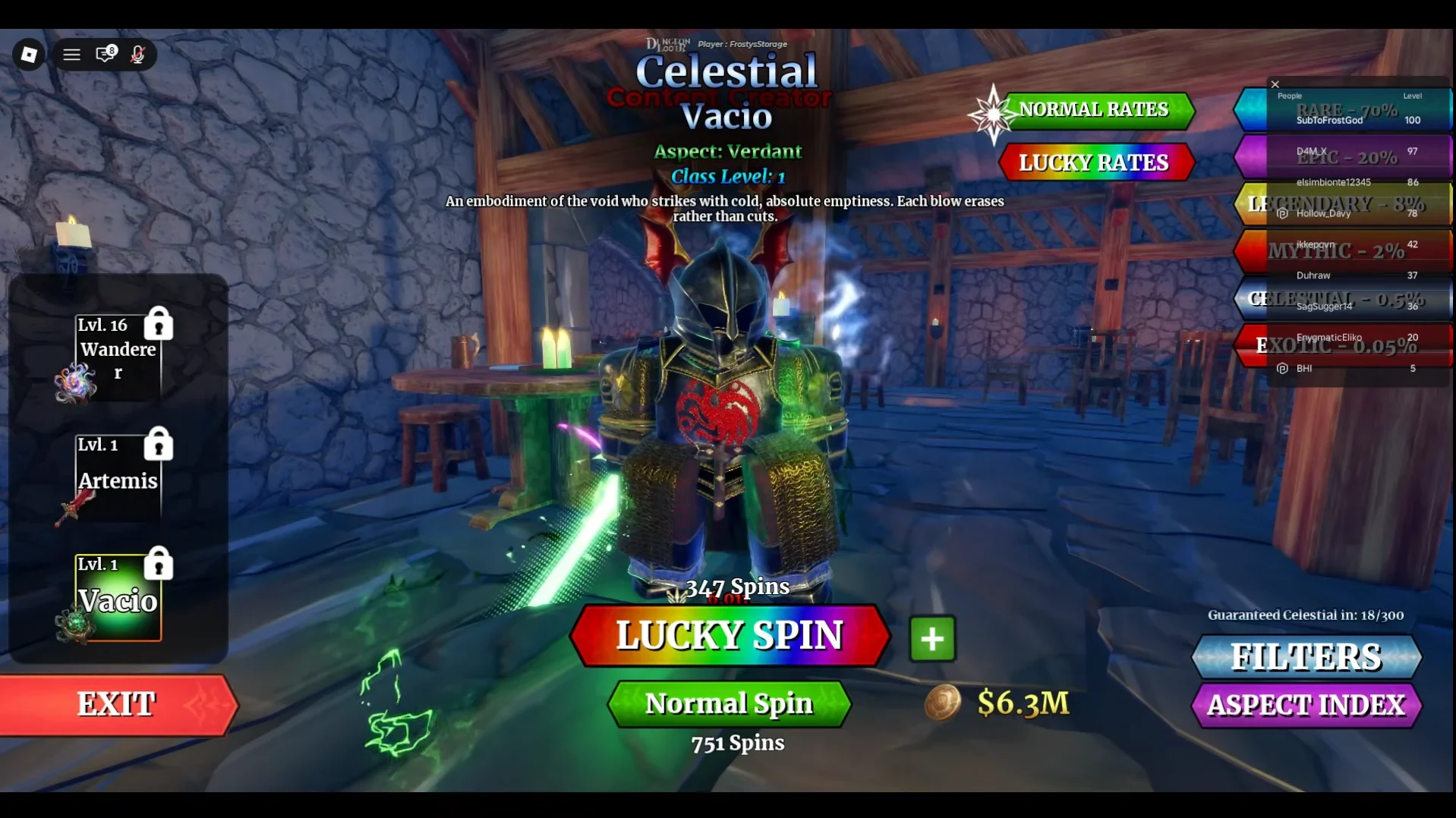 Dungeon Lootr Classes menu showing Celestial Vacio with the Verdant Aspect attached