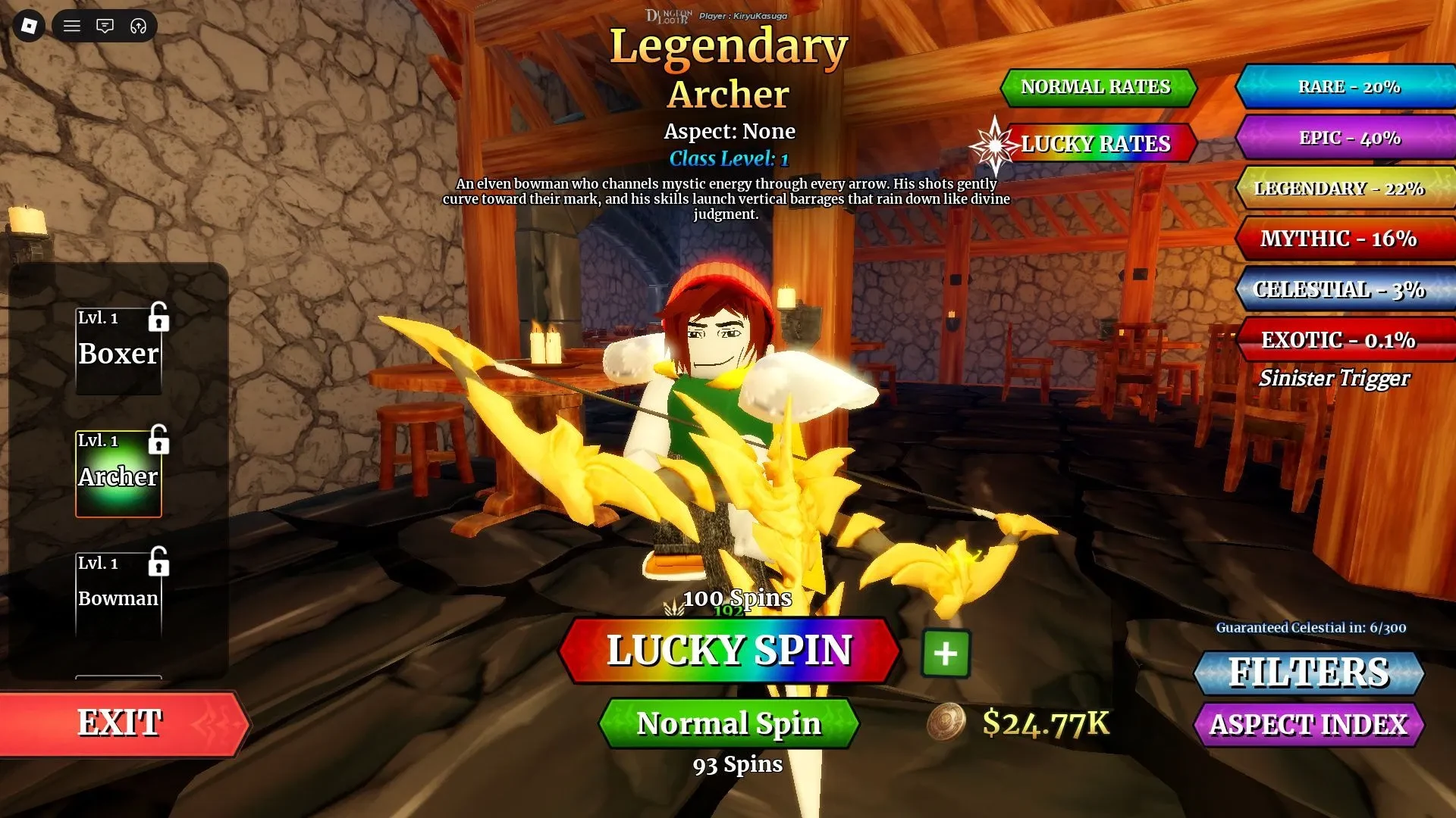 Dungeon Lootr Classes menu showing Archer with Normal and Lucky Spin controls and rarity rates