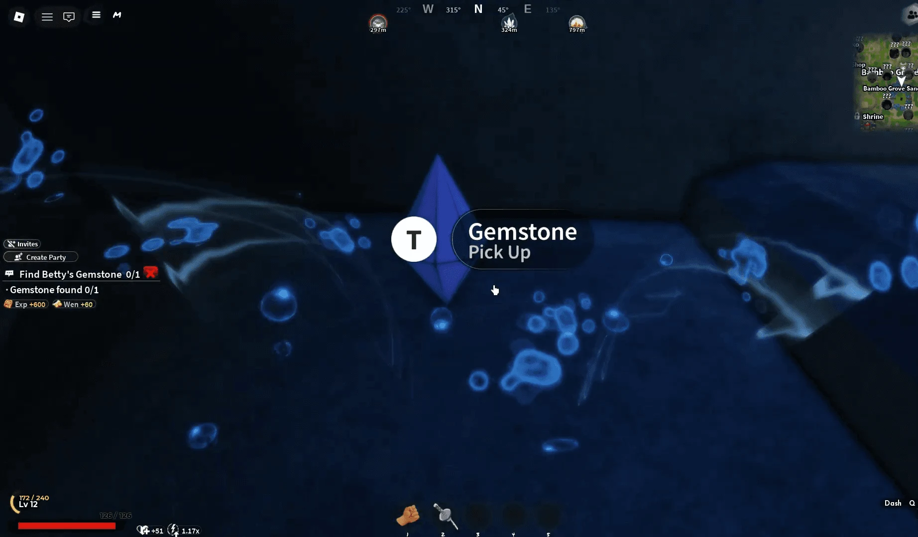 Betty's dark-blue gemstone underwater with the Gemstone Pick Up prompt and T key visible