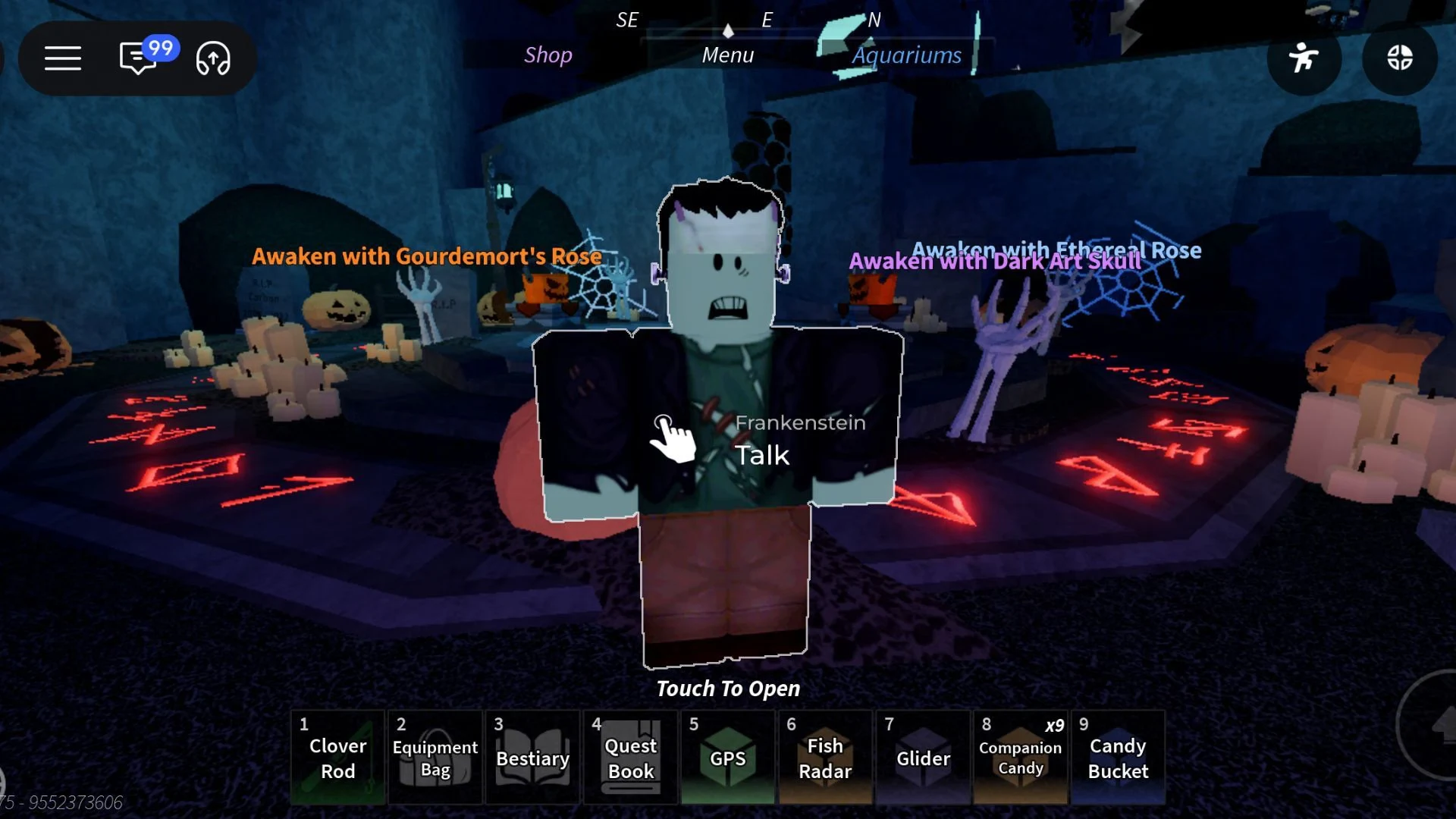 Frankenstein stands inside the FischFright Cemetery ritual circle, with the Talk prompt and Skeletal Hand awaken points visible.